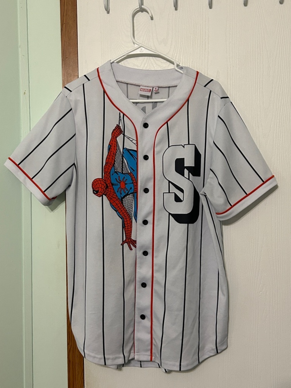 Marvel Spider-Man Pinstripe Baseball Jersey - White/Black/Red Size Medium